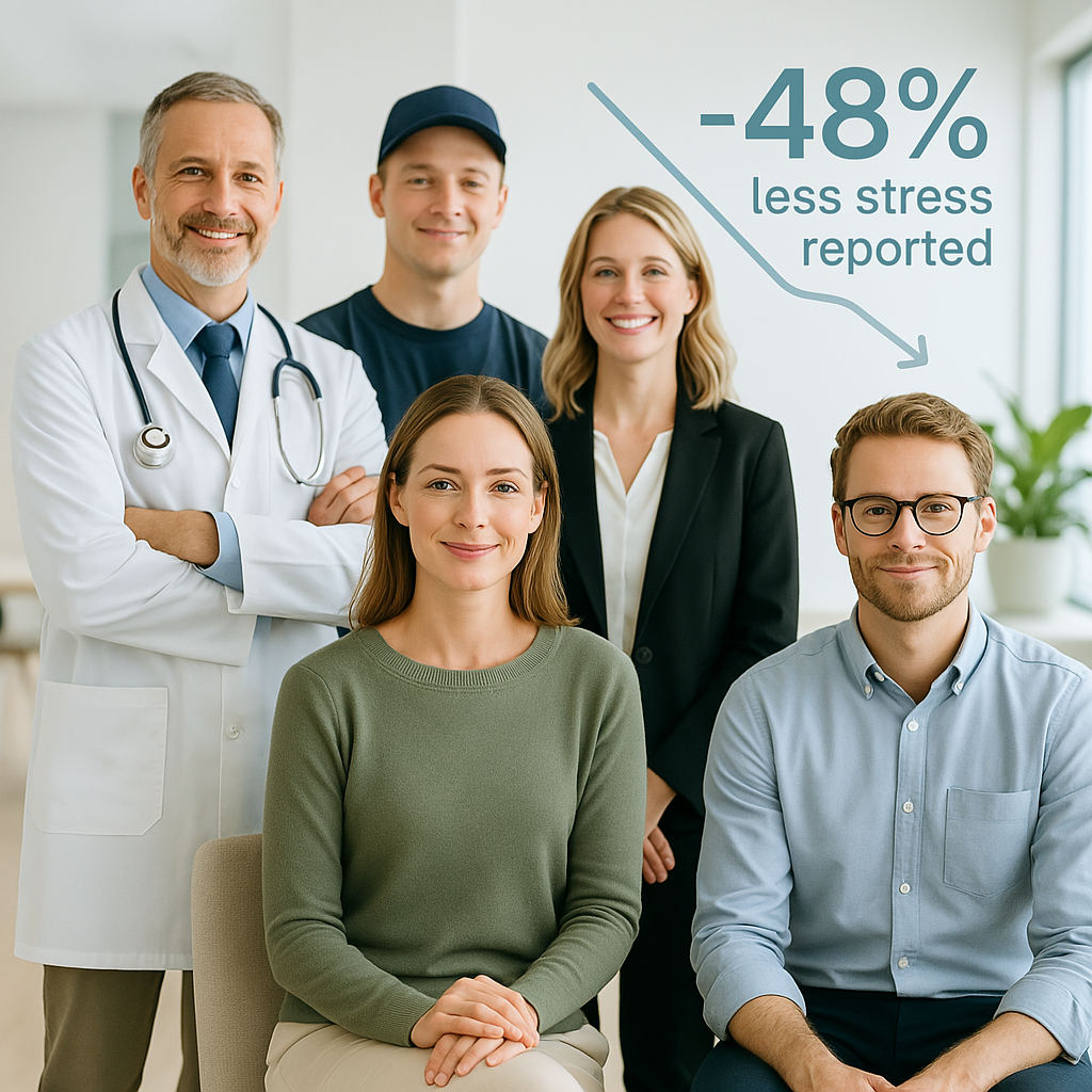 Participants in our program reduced their stress levels from an average of 25 to 13 measured using the PSS scale. At the same time, they experienced noticeable improvements in physical pain or discomfort.